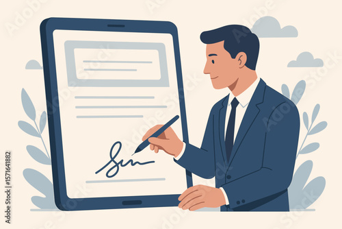 Electronic signature concept. Businessman signing a digital contract on a tablet screen. E-sign technology for business document management. Paperless office & online agreement.