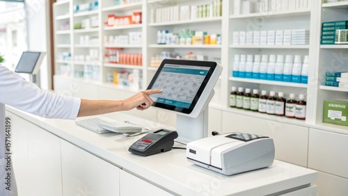 Pharmacy counter showcases a digital point of sale system with shelves stocked with medicine in the background