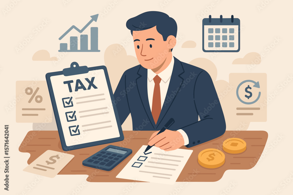 Businessman Filing Income Tax Forms, Calculating Revenue, Completing Tax Checklist for Deductions, Refunds, Payments, Financial Planning, Accounting, Tax Return Concept Businessman Filing Income Tax Forms, Calculating Revenue, Completing Tax Checklist for Deductions, Refunds, Payments, Financial Planning, Accounting, Tax Return Concept