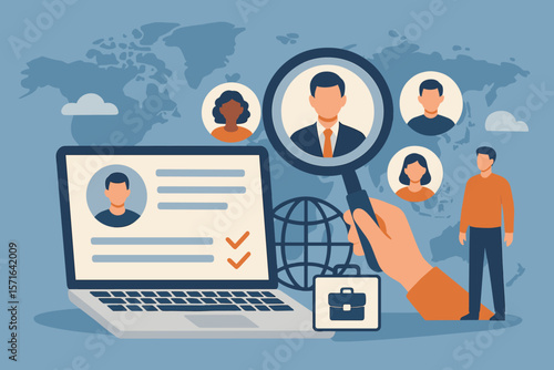 Global human resource management and recruitment concept. Online job search, resume registration, candidate selection, internet hiring, HR, career opportunity, employee search vector.