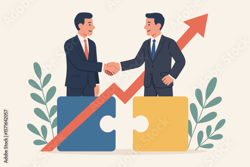Business partnership handshake, joint venture agreement, teamwork collaboration, resource sharing, merger acquisition, cooperation concept, growth arrow, puzzle pieces