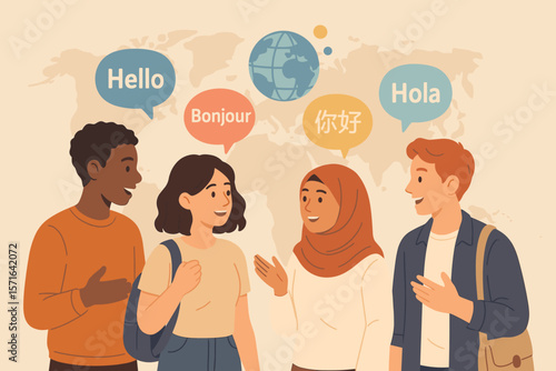 Multilingual communication, language learning, international students, diverse young adults, global education, translation, speech bubbles, cultural exchange, world map background