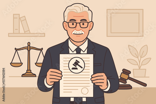Legal document approval concept. Mature lawyer in office holding court judgment paper with gavel symbol. Law, attorney, justice, legal process, courtroom, scales, legal profession.