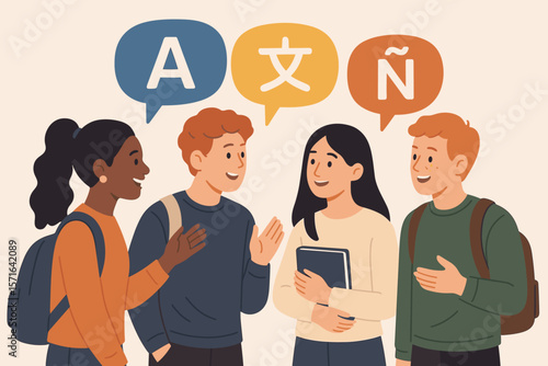 Multilingual communication, language learning, translation, global education, international diversity, young adults talking, foreign students, speech bubbles, cultural exchange