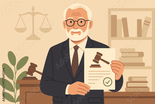 Mature lawyer in office holding approved legal document with gavel symbol, law and justice concept, courtroom, attorney paperwork, judgment approval, legal profession illustration