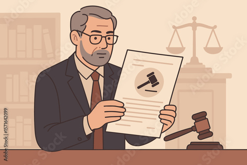 Mature lawyer in office holding legal document with gavel symbol, law and justice concept, courtroom judgment approval, attorney legal paperwork, scales of justice background