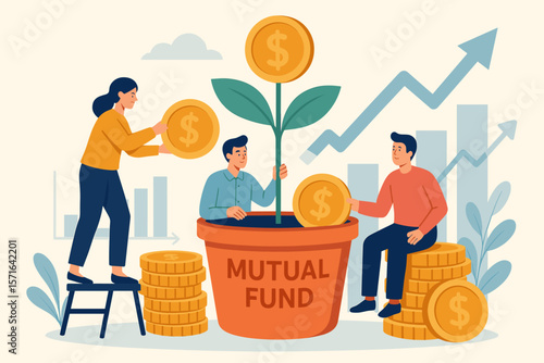 Mutual fund investment growth, wealth management, financial profit, stock market earnings, people saving and growing money, teamwork, coins, financial planning concept