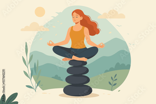 Mindfulness meditation for work life balance, mental health healing, relaxing yoga outdoors, peaceful woman practicing yoga, freedom, solitude, calm nature landscape