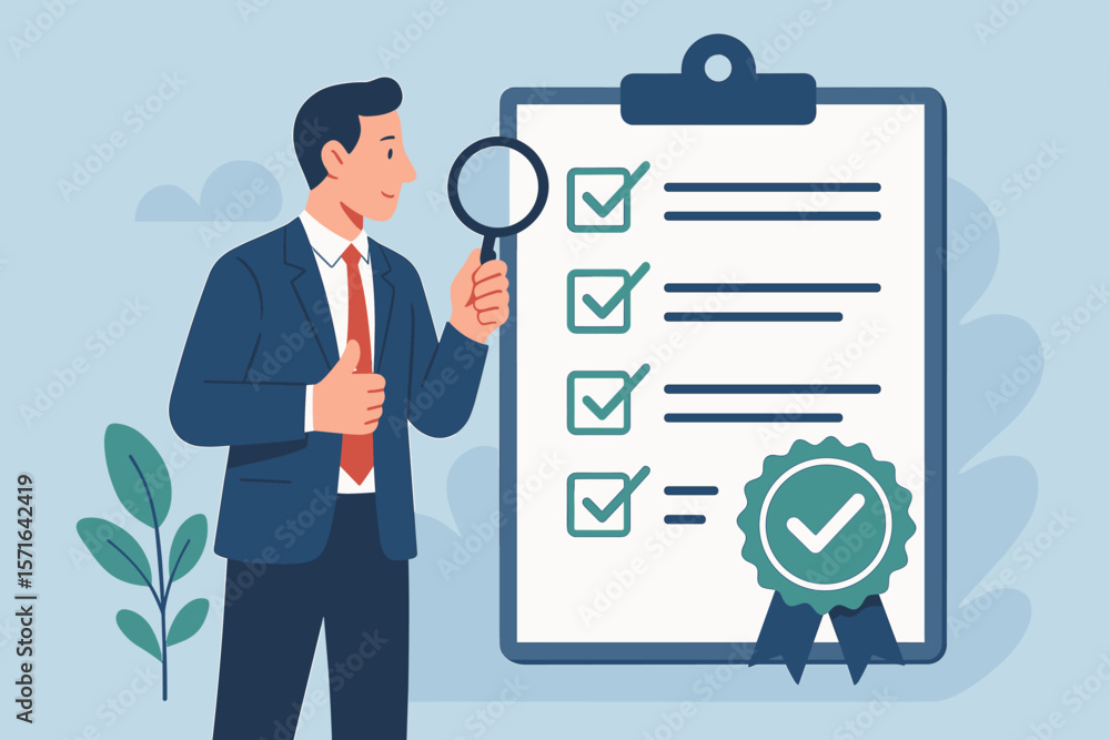 Quality control assurance process, QC checklist, business certification, approval, product excellence guarantee, service delivery, audit, inspection, businessman, magnifying glass Quality control assurance process, QC checklist, business certification, approval, product excellence guarantee, service delivery, audit, inspection, businessman, magnifying glass