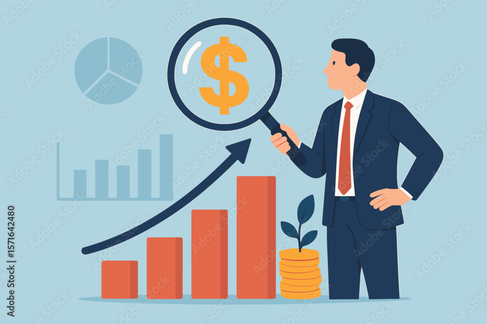 Businessman Analyzing Revenue Growth, Salary Increase, Investment Profit, Earnings, Money Management, Financial Success, Stock Market, Bar Graph, Magnifying Glass, Dollar Sign Businessman Analyzing Revenue Growth, Salary Increase, Investment Profit, Earnings, Money Management, Financial Success, Stock Market, Bar Graph, Magnifying Glass, Dollar Sign
