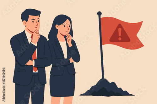 Business Risk Red Flag Warning Concept. Thoughtful Business People in Suits Facing Alert Symbol. Caution, Economic Danger, Threat, Crisis, Advice, Notice, Attention, Hazard