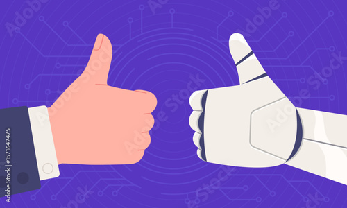 Human and AI hands exchange a thumbs-up gesture, symbolizing cooperation and the progress of technology. Concept of developing AI technologies, machine learning, cooperation, AI in business field.