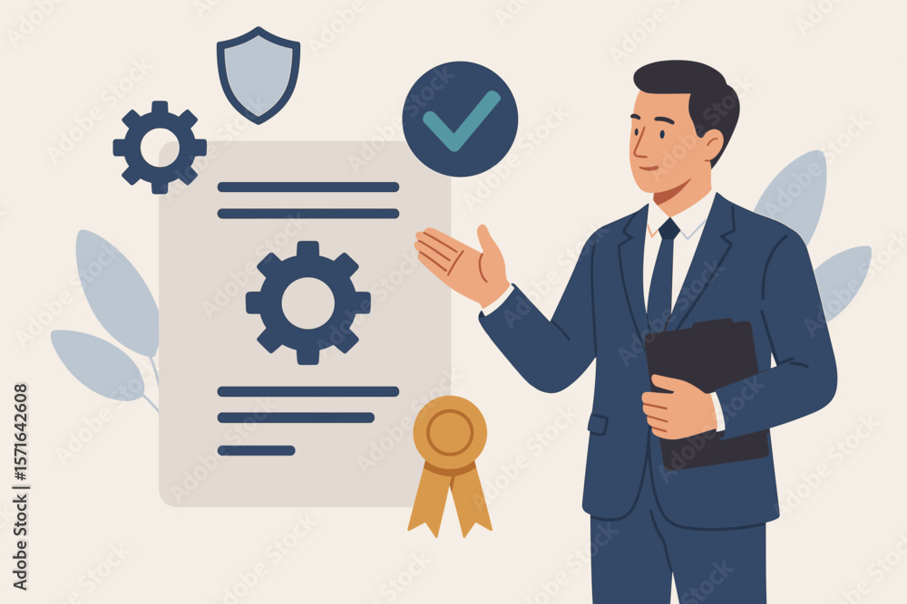Business Manager Presenting Standardization Certification Compliance, Quality Assurance, Regulation Approval, Process Optimization, Security, Modern Flat Vector Illustration Business Manager Presenting Standardization Certification Compliance, Quality Assurance, Regulation Approval, Process Optimization, Security, Modern Flat Vector Illustration