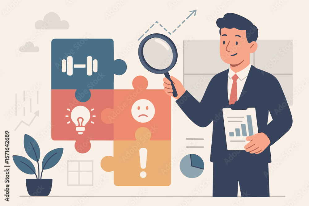 SWOT analysis concept with businessman analyzing strength, weakness, opportunity, threat using puzzle pieces, market competition, product improvement, benchmarking, measurement SWOT analysis concept with businessman analyzing strength, weakness, opportunity, threat using puzzle pieces, market competition, product improvement, benchmarking, measurement
