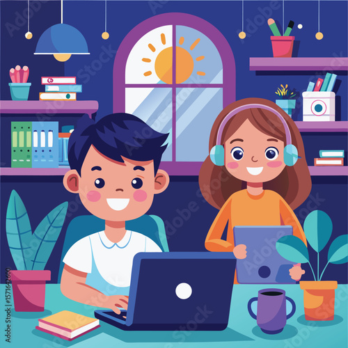 Children working together using laptop and tablet during homeschooling or online learning