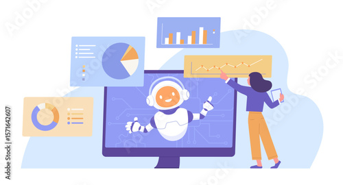 AI assits businesswoman analyzing business data and planning business strategy. Artificial intelligence tool for data analysis. Technology for work. Flat vector illustration.