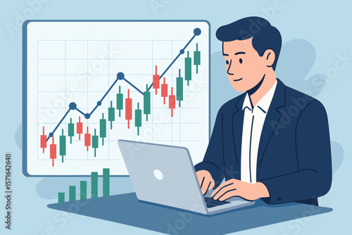 Businessman Analyzing Stock Market or Cryptocurrency Investment, Technical Analysis Candlestick Chart, Financial Trading, Currency Exchange, Data Graph, Online Investment Concept