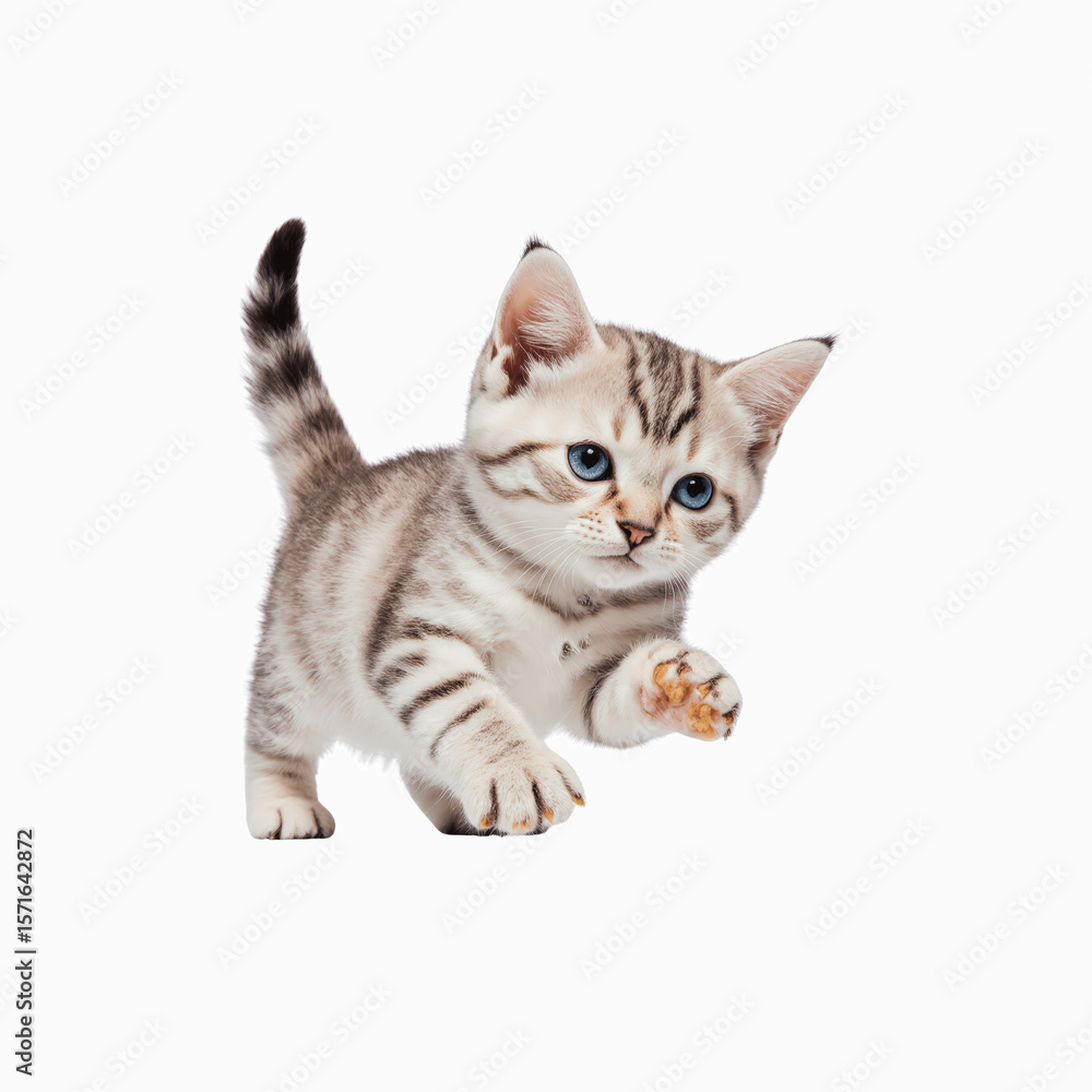 Fototapeta premium Playful Kitten's Approach: An adorable, silver tabby kitten with captivating blue eyes confidently strides forward, exuding charm and playful energy.