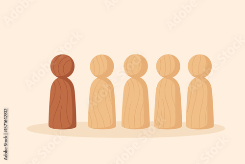 Leadership and Teamwork Concept. Unique Wooden Figure Standing Out from Group. Diversity, Inclusion, Individuality, Team Leader, Business Metaphor. Flat Vector Illustration