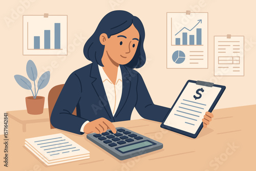 Accountant calculate tax, finance or accounting document. Businesswoman manage invoice, office financial chart and graph. Money report, balance audit concept illustration.