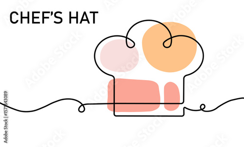 Minimalist continuous line art illustration of a chef's hat, featuring colorful artistic geometric shapes as decoration, representing culinary concepts, creativity, and modern design.