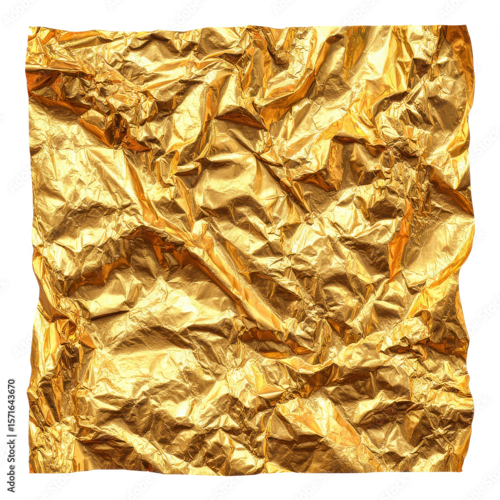 Wrinkled golden square foil with a metallic finish, displaying a crumpled and shiny surface. isolated on white background Wrinkled golden square foil with a metallic finish, displaying a crumpled and shiny surface. isolated on white background