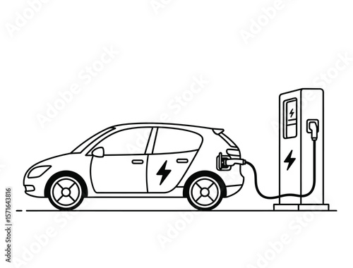 Line art illustration of an electric car charging at a public EV station.