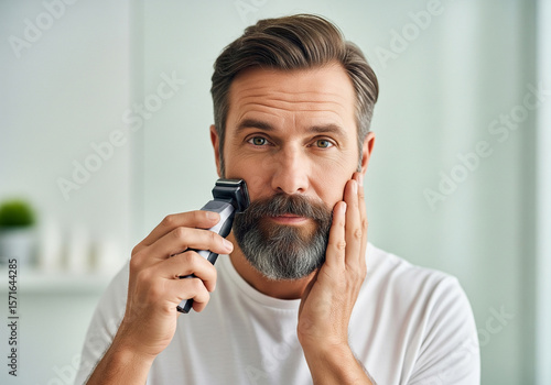 A middle-aged man with a full beard and neatly styled hair is trimming his beard by holding a trimmer to his face and touching his beard with his other hand.