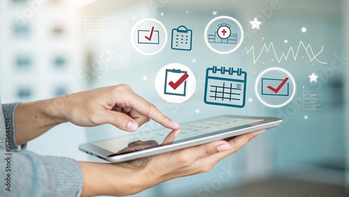 Woman using digital tablet for appointment scheduling and healthcare management with modern interface icons overlaying