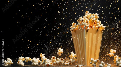 Dynamic Popcorn Explosion Golden Snack Bursts from Striped Container, Creating Fun and Energetic Food Scene with Vibrant Splashes