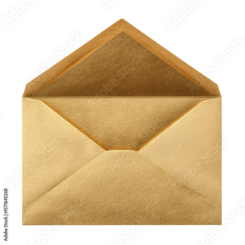 Golden envelope with triangular flap open, ideal for invitations or special messages, exuding luxury and sophistication isolated on white background q 