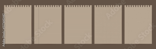 A rustic kraft-style notebook paper pack with brown lines and top punch holes. Includes plain, ruled, margin, grid, and dot formats.