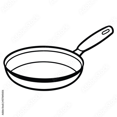 Black Outline Drawing of a Modern Frying Pan Cookware with Handle Design
