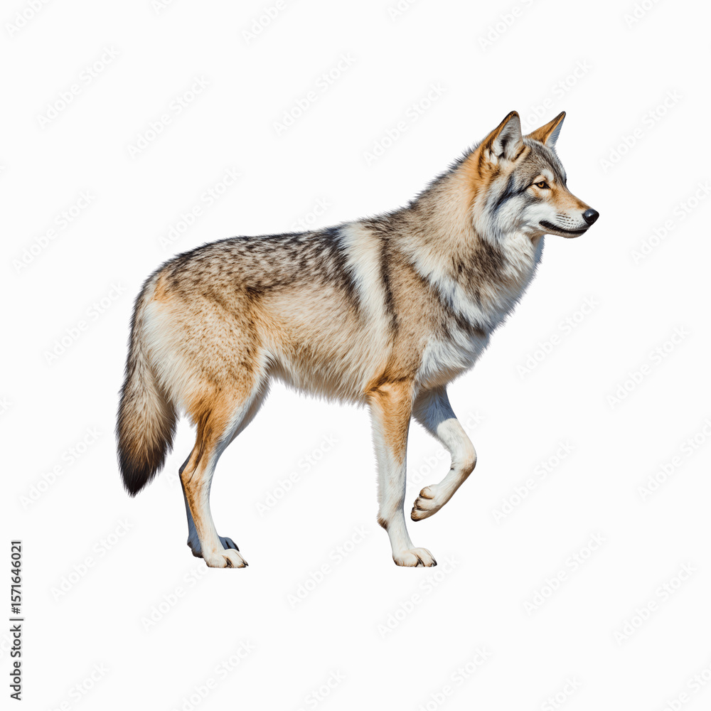 Fototapeta premium Gray Wolf Profile: A majestic gray wolf stands alert, its fur a blend of gray, brown, and tan, against a clear background. Its gaze is intense, conveying a sense of wildness and power.