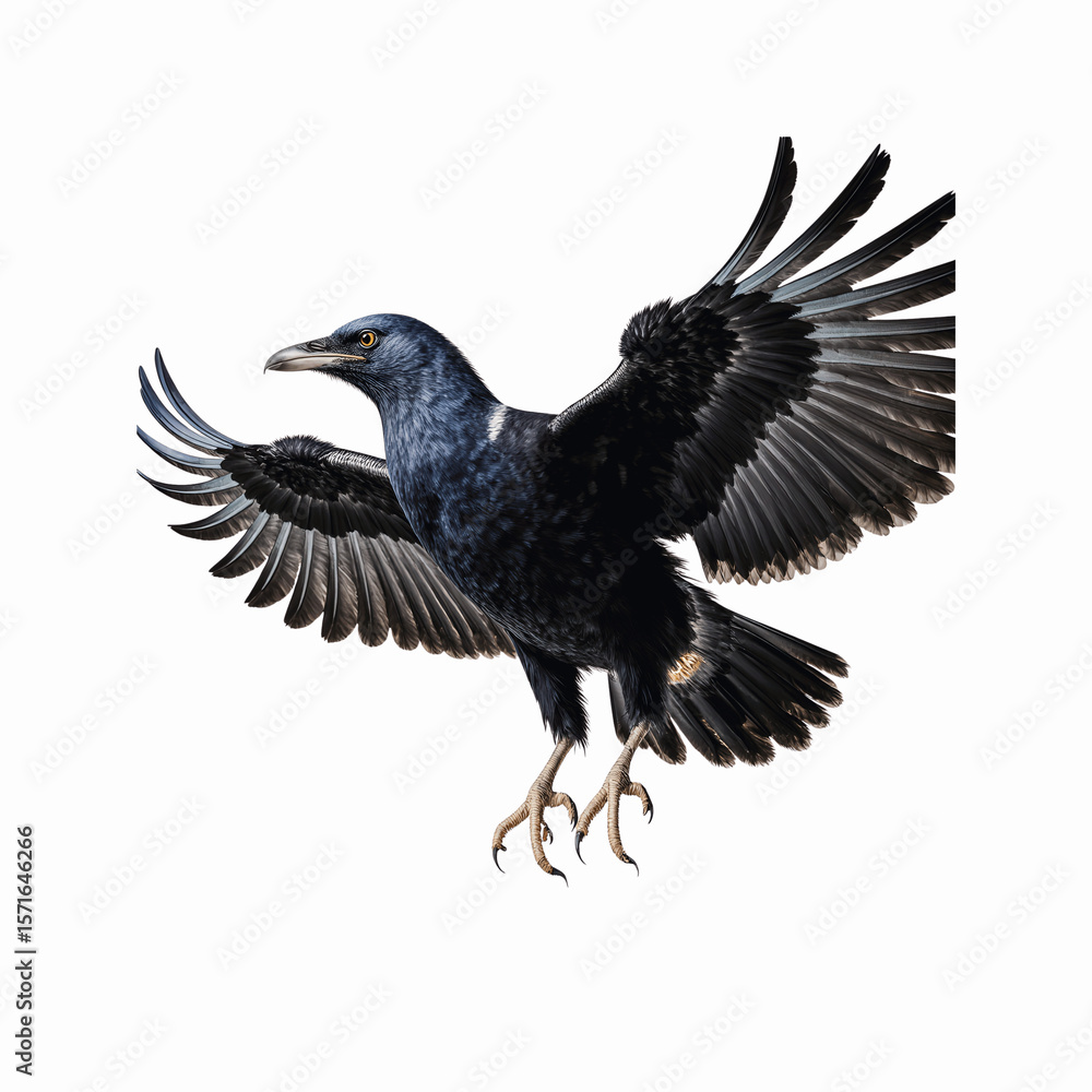 Fototapeta premium Raven in Flight: This striking image captures a majestic raven in full flight, its dark feathers spread wide, showcasing nature's elegance and power.