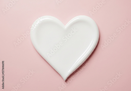 White cream shaped like a heart, centered on a soft pink background.