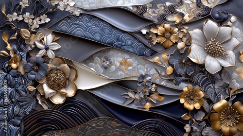 Decorative floral wall mural, abstract waves,  gold accents,  navy blue backdrop