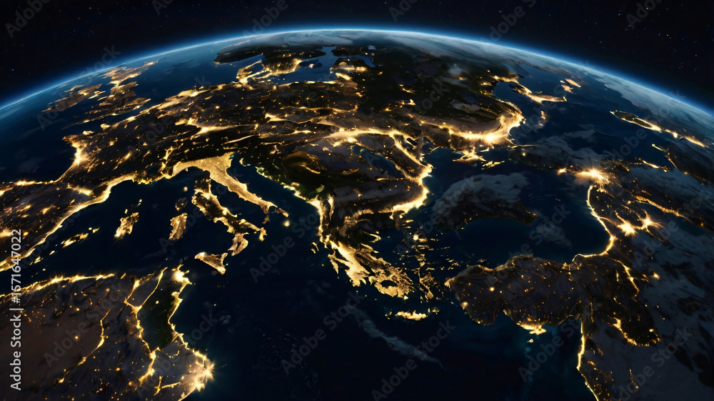 Obraz premium “Ultra‑High Quality 4K Earth at Night – Illuminated Mediterranean & Europe”