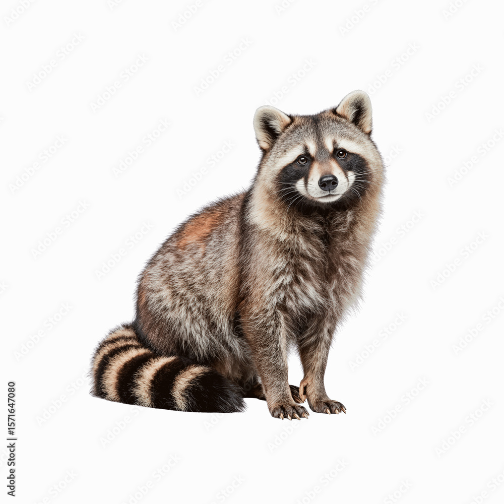 Fototapeta premium Cute Raccoon: A captivating raccoon, with its masked face and ringed tail, sits proudly. this detailed close up showcase this animal's personality.