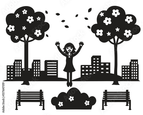 City and urban landscape design vector illustration with trees, buildings, and industrial pollution silhouette against the skyline at night
