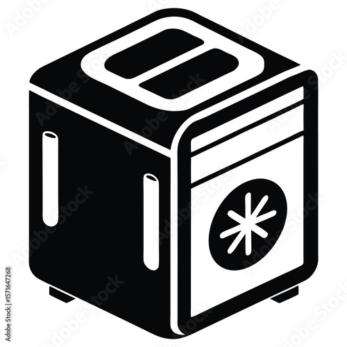 Isometric Black and White Icon Illustration of a Small Fridge with Asterisk Detail