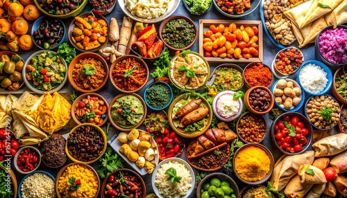 Colorful array of diverse foods in bowls