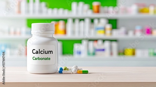 Wallpaper Mural A white bottle labeled 'Calcium Carbonate' with colorful capsules beside it, sitting on a wooden surface against a blurred pharmacy background. Torontodigital.ca