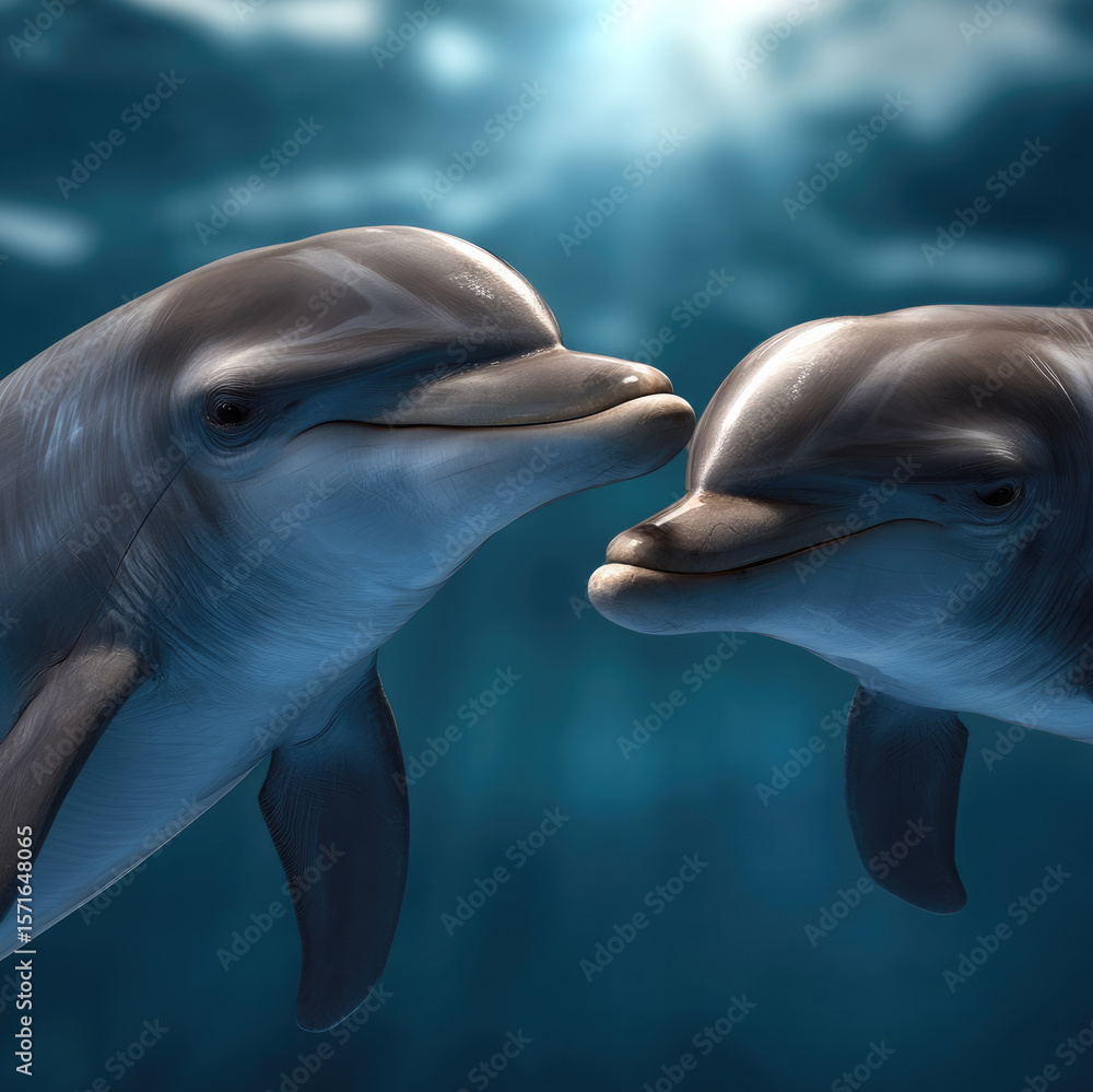 Fototapeta premium Two dolphins touch noses underwater, sunlight streaming through blue ocean, joyful and playful marine mammals in natural habitat