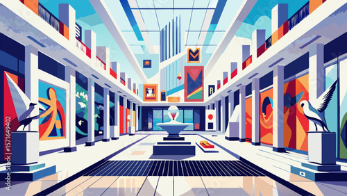 Museum of Modern Art (MoMA) in New York presents sleek white galleries filled with iconic modern works, vibrant installations, and abstract sculptures under perfectly balanced natural lighting.