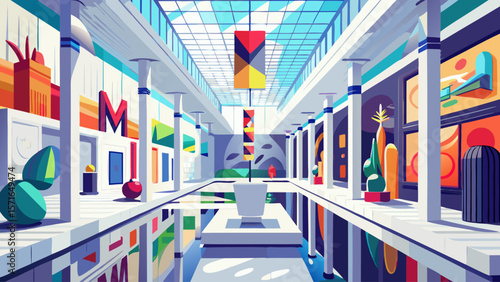 Museum of Modern Art (MoMA) in New York presents sleek white galleries filled with iconic modern works, vibrant installations, and abstract sculptures under perfectly balanced natural lighting.