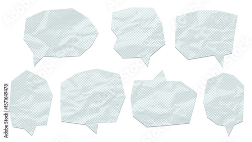 Set of speech bubbles cut out of crumpled paper isolated on transparent background. Mixed media Vector illustration.