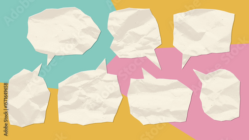 Set of white dialogue balloons made from crumpled paper with rugged torn edges. Gritty dotted texture, halftone shading and jagged torn edges on a notebook sheet. Vector