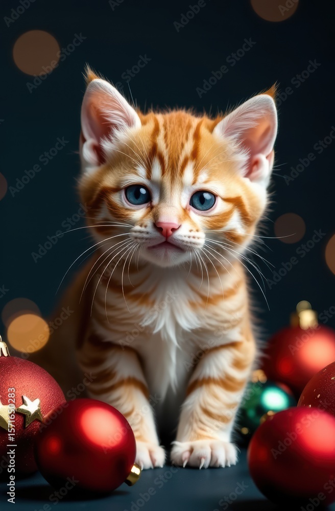 Fototapeta premium Ginger kitten posing with christmas ornaments on blue background
