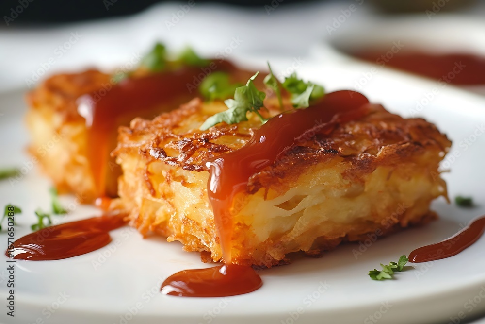 Golden hash browns with ketchup drizzle, carefully plated with soft muted tones filling the surrounding space Golden hash browns with ketchup drizzle, carefully plated with soft muted tones filling the surrounding space